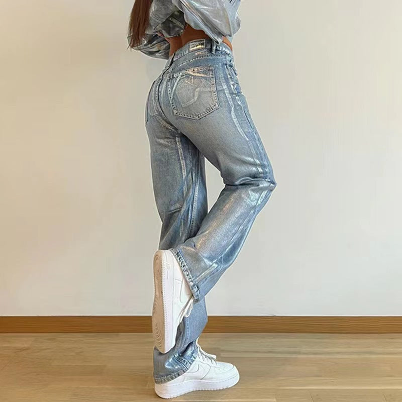 Washed Personality Blue Hot Silver Black Hot Silver High Waist Straight Style Jeans