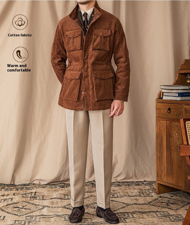 Autumn And Winter Corduroy Safari Jacket Jacket Windproof Stand Collar Casual
