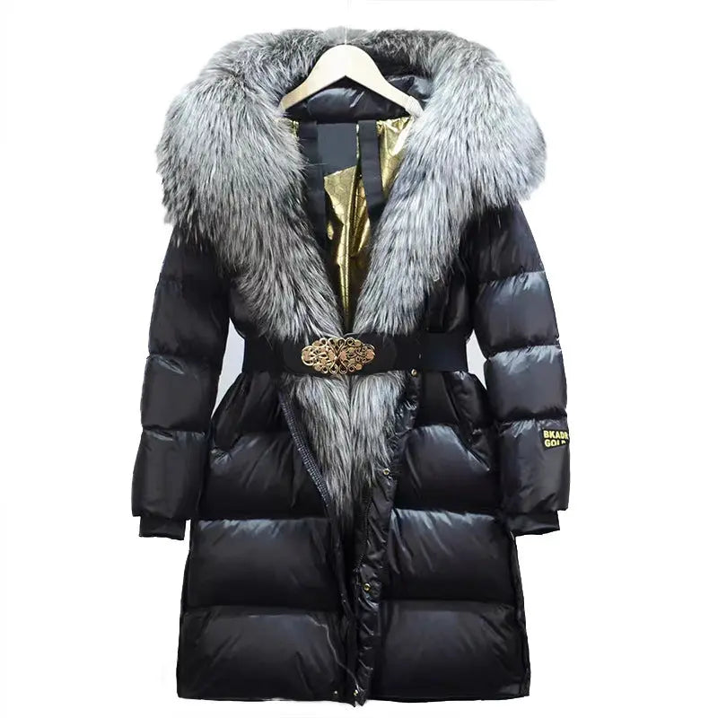 Extended Black Golden Lock Warm Real Fox Fur Big Fur Collar Duck Down Down Jacket null