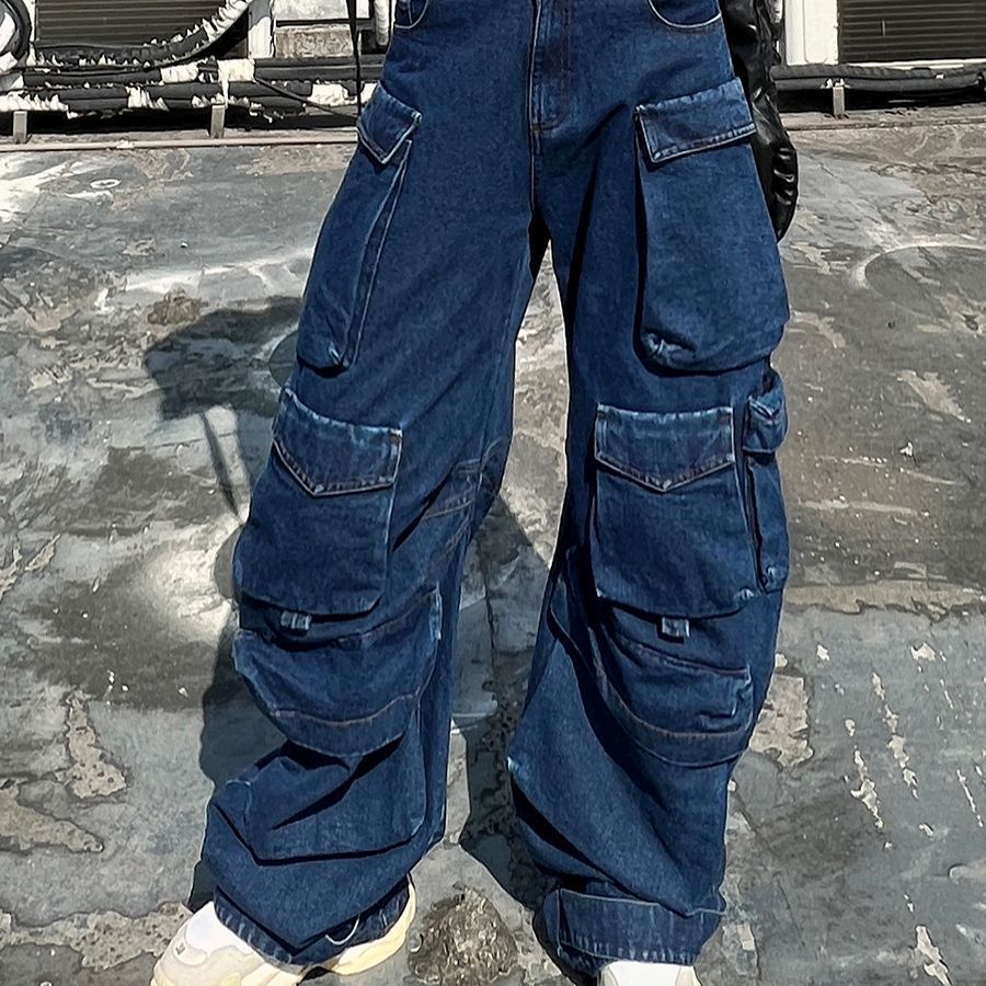 Distressed Wide-leg Workwear High Waist Multi-pocket Jeans