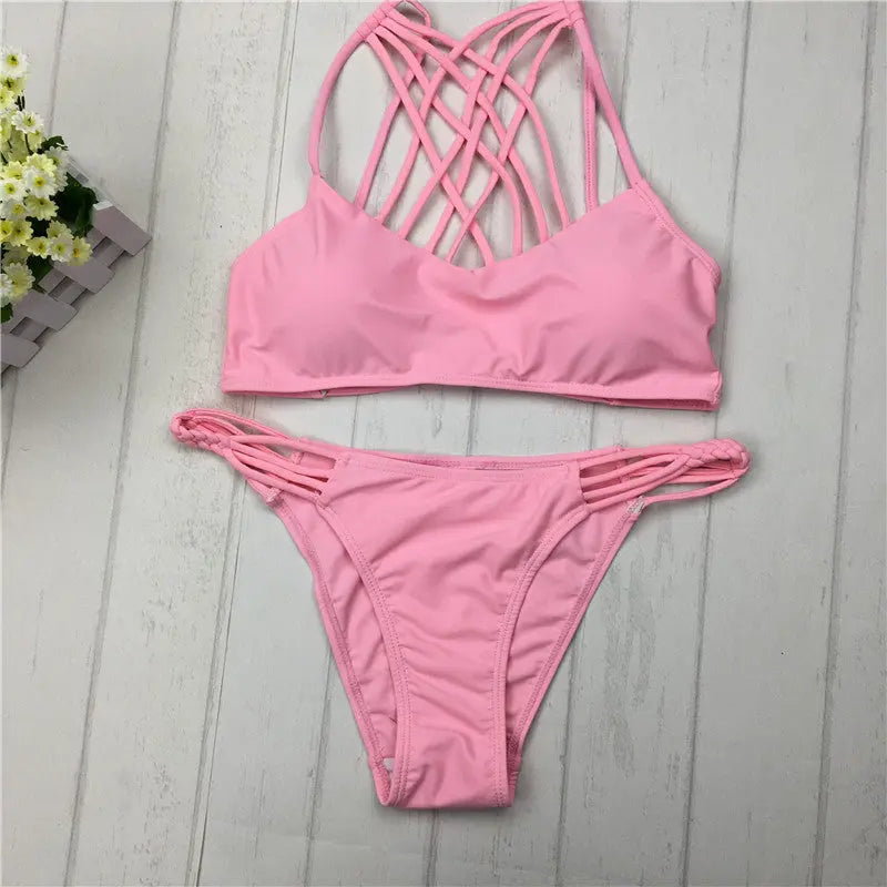 cut out Bikinis Sexy pink bandage cut out Halter bikini swimsuit women cross Women's swimwear swimming suit null