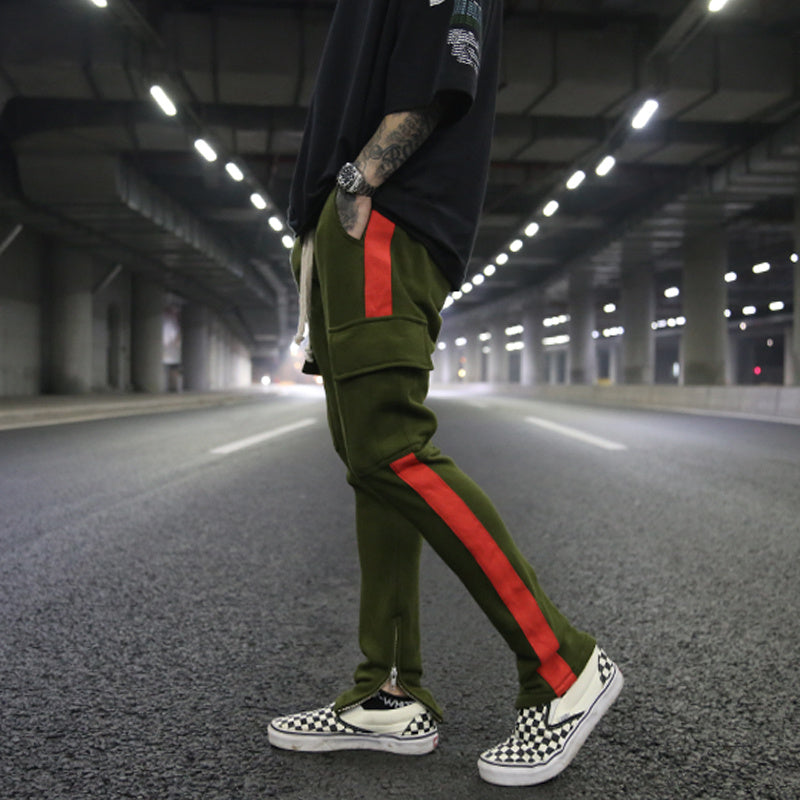 White Edge Woven Belt Large Pocket Zipper Casual Pants