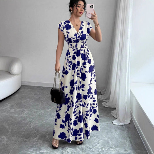 Short Sleeve Lace-up Dress Printed V-neck