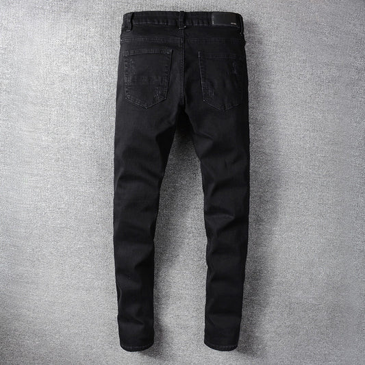 Black Knee Hole Patch Jeans Men's Stretch Slim Leggings