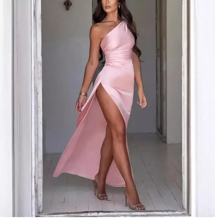 Sexy One-shoulder Backless Slit Dress Summer Elegant Slim-fit Solid Color Satin Dresses For Women null