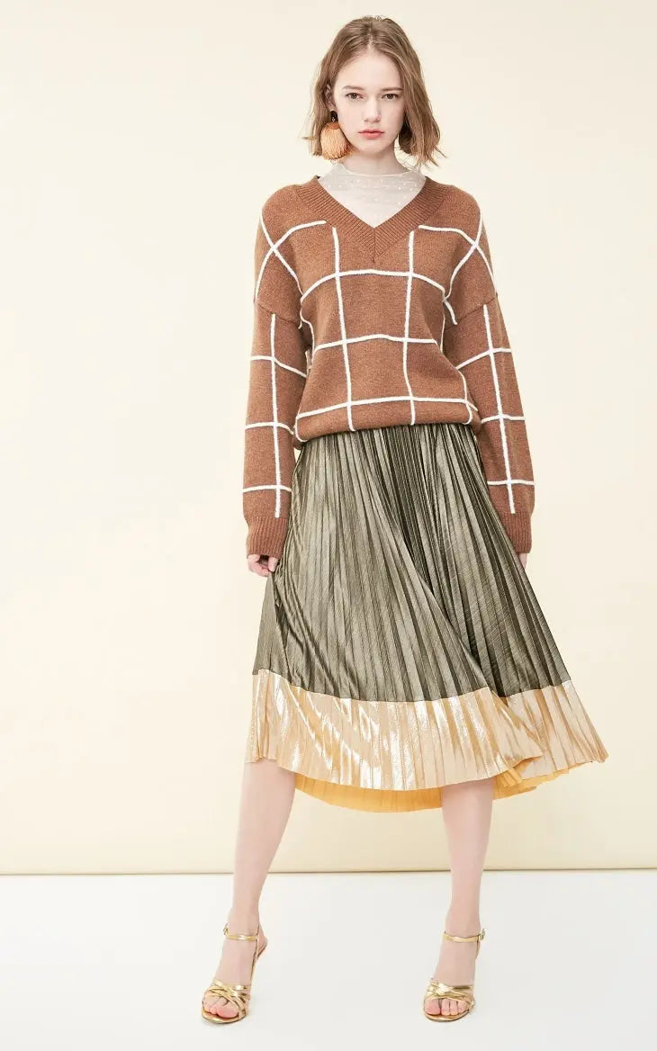 Spring new pattern check V-neck short sweater women Nipaaj