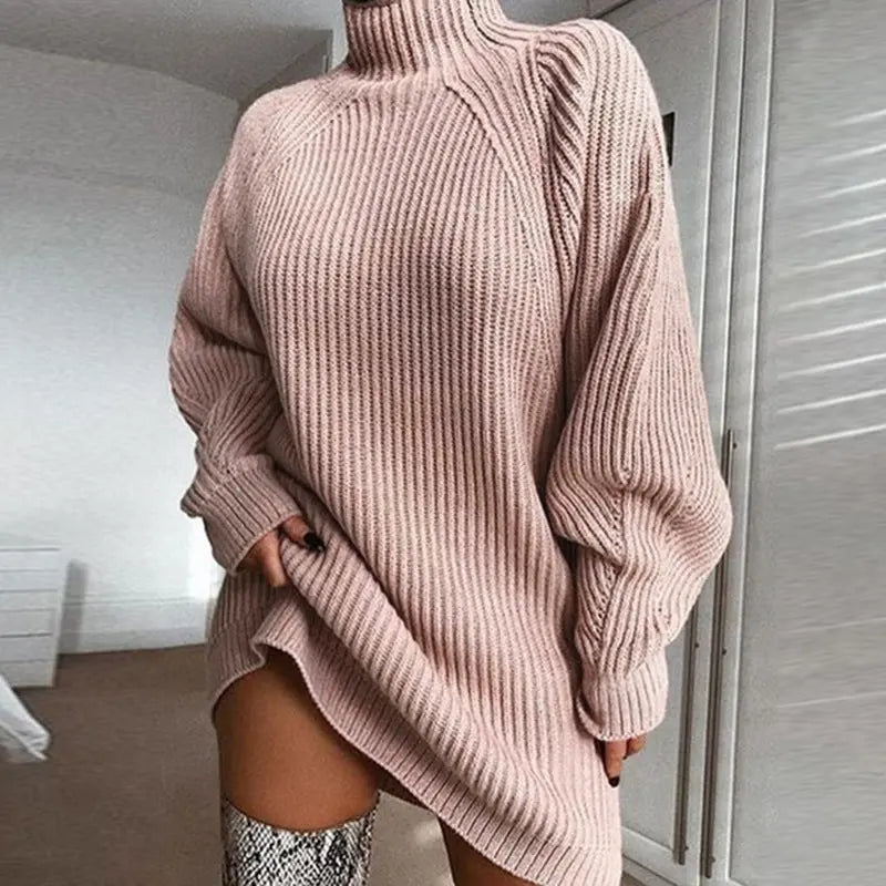 Solid Turtleneck Long Sweater Winter Warm Women Sweater Dress Nipaaj