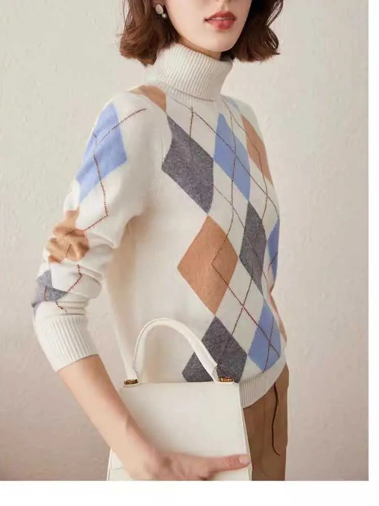 Vintage Diamond Lattice Pure Cashmere High Lapel Inlay Knitted Sweater Nipaaj
