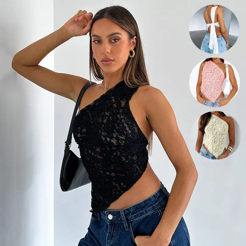 Ins Lace Backless Top Summer Solid Color Waistless Asymmetrical Sloped Neck Vest Streetwear Womens Clothes null