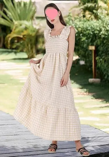 Summer Plaid Print Pleated Ruffle Dress INS Fashion Sleeveless A-line Swing Beach Dress Women's Clothing null