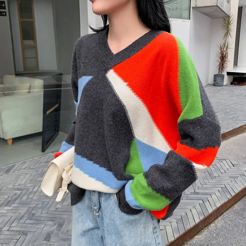 Colorblock V-neck Loose Lazy Knit Sweater Nipaaj