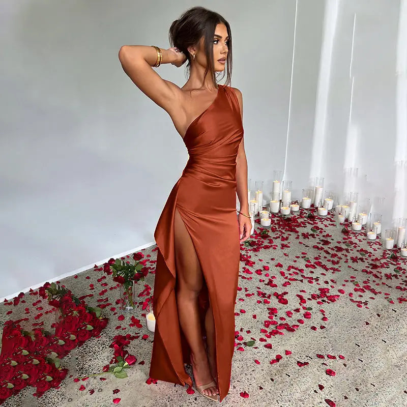 Sexy One-shoulder Backless Slit Dress Summer Elegant Slim-fit Solid Color Satin Dresses For Women null