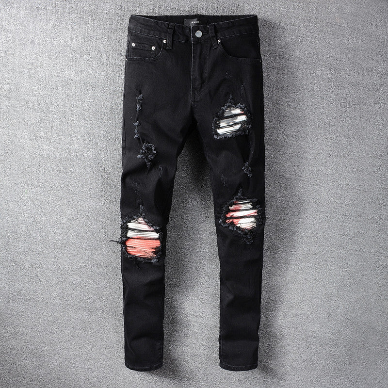 Black Knee Hole Patch Jeans Men's Stretch Slim Leggings