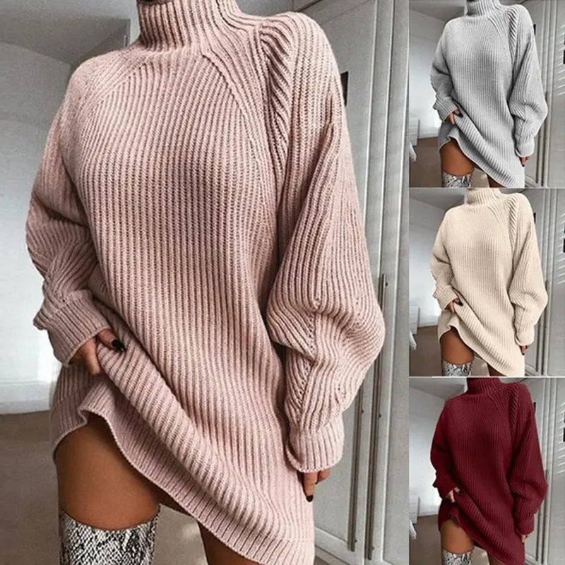 Solid Turtleneck Long Sweater Winter Warm Women Sweater Dress Nipaaj