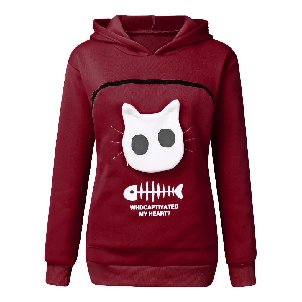 Women Hoodie Sweatshirt With Cat Pet Pocket Design Long Sleeve Sweater Cat Outfit Nipaaj