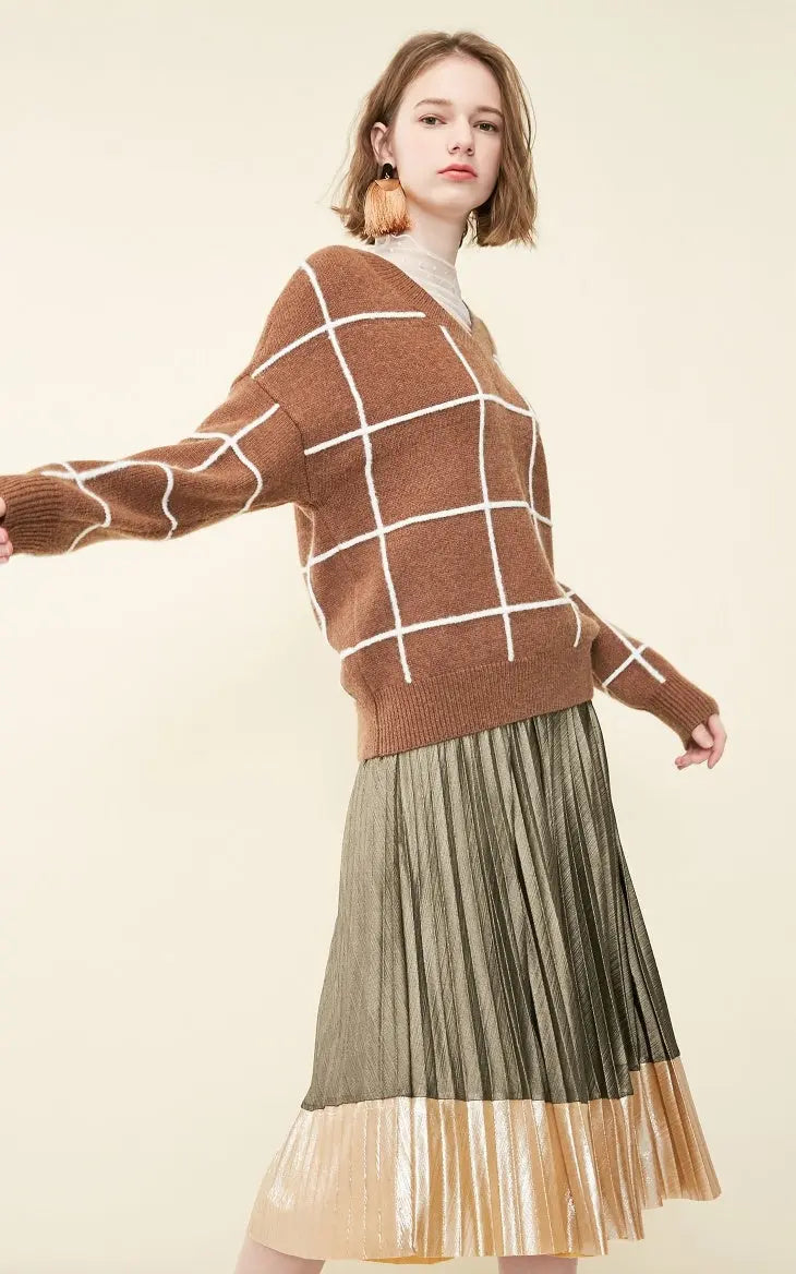 Spring new pattern check V-neck short sweater women Nipaaj