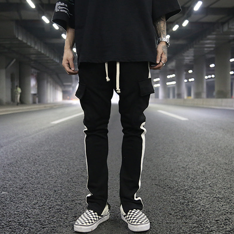 White Edge Woven Belt Large Pocket Zipper Casual Pants