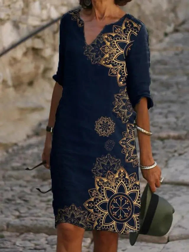 Printed Loose Floral Retro Round Neck Dress null