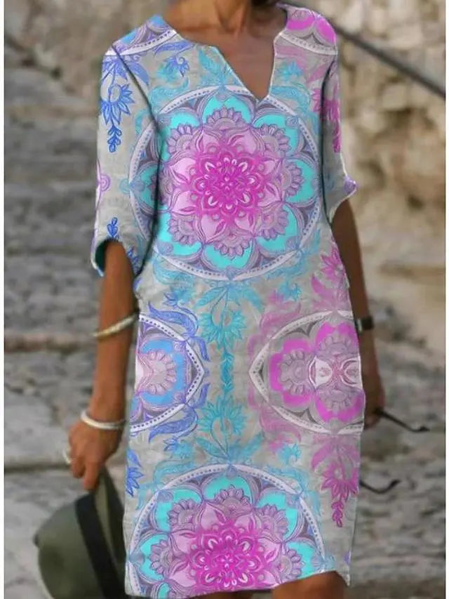 Printed Loose Floral Retro Round Neck Dress null