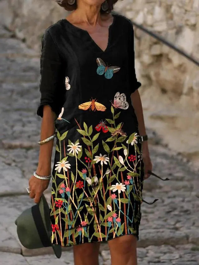 Printed Loose Floral Retro Round Neck Dress null