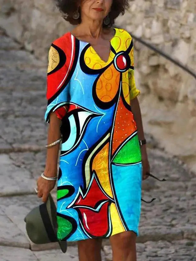 Printed Loose Floral Retro Round Neck Dress null