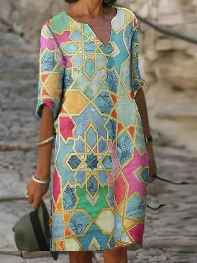 Printed Loose Floral Retro Round Neck Dress null