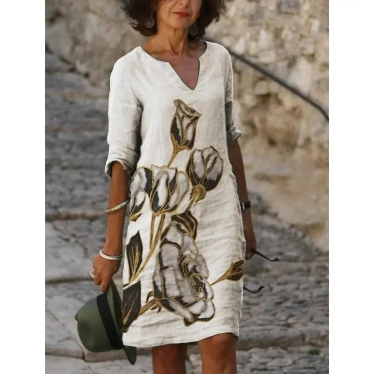 Printed Loose Floral Retro Round Neck Dress null