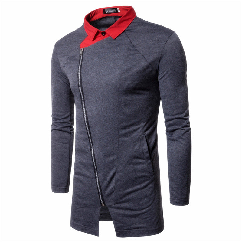 Men's Fake Two Piece Casual Diagonal Zipper Color Matching Knitted Long Sleeved Jacket