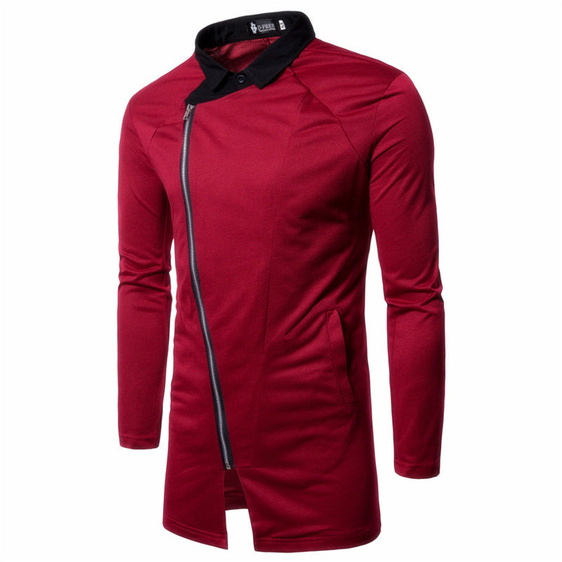 Men's Fake Two Piece Casual Diagonal Zipper Color Matching Knitted Long Sleeved Jacket