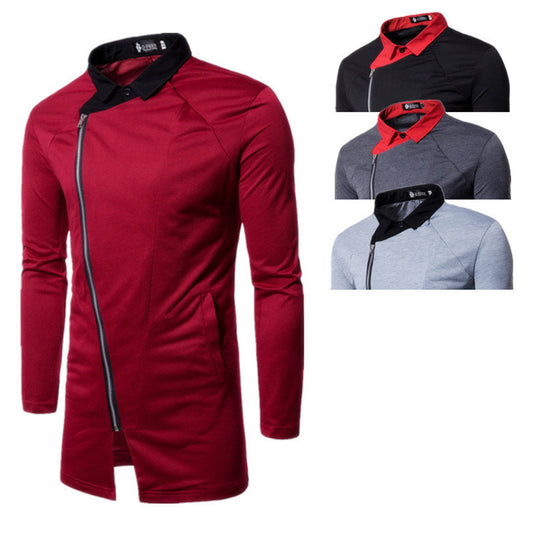 Men's Fake Two Piece Casual Diagonal Zipper Color Matching Knitted Long Sleeved Jacket