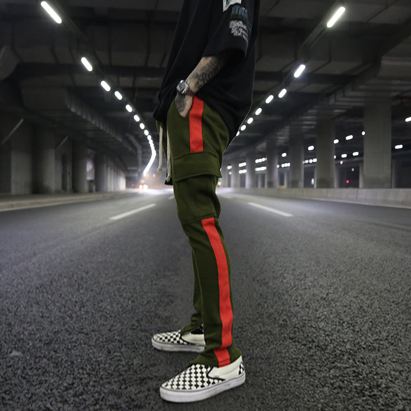 White Edge Woven Belt Large Pocket Zipper Casual Pants