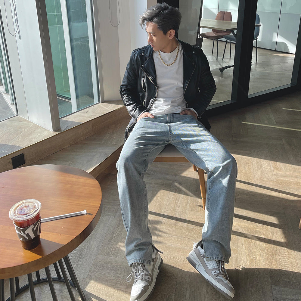 Casual Japanese Trendy Street Style Light Blue Washed Loose Trousers Design Jeans