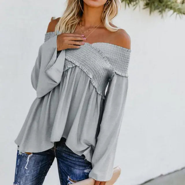 Women Sexy Off Shoulder Shirts Irregular Hem Blouse Shir Nipaaj