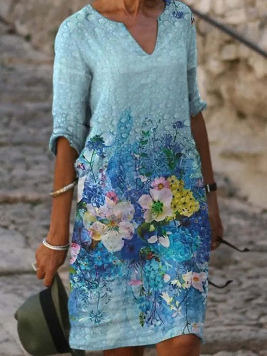 Printed Loose Floral Retro Round Neck Dress null