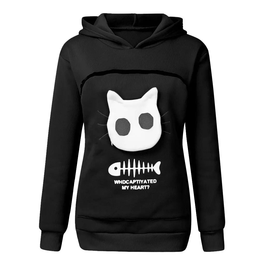 Women Hoodie Sweatshirt With Cat Pet Pocket Design Long Sleeve Sweater Cat Outfit Nipaaj