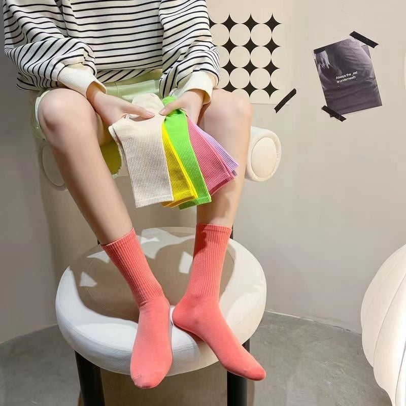 Macaron Colorful Mid-calf Length Couple Combed Cotton Processing Socks