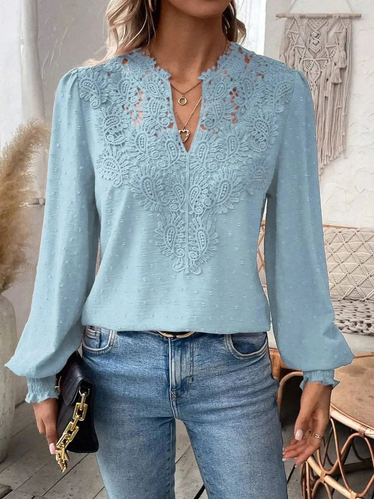 Lace Solid Color Long Sleeve Casual Women's Top Nipaaj