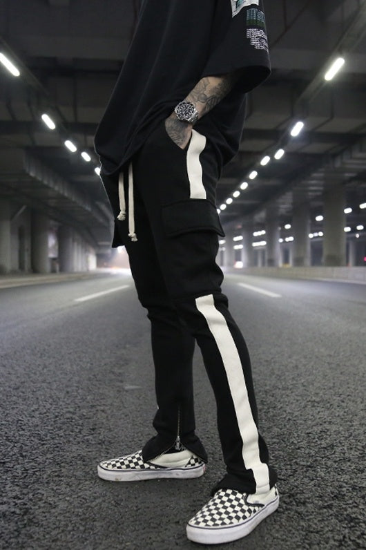 White Edge Woven Belt Large Pocket Zipper Casual Pants