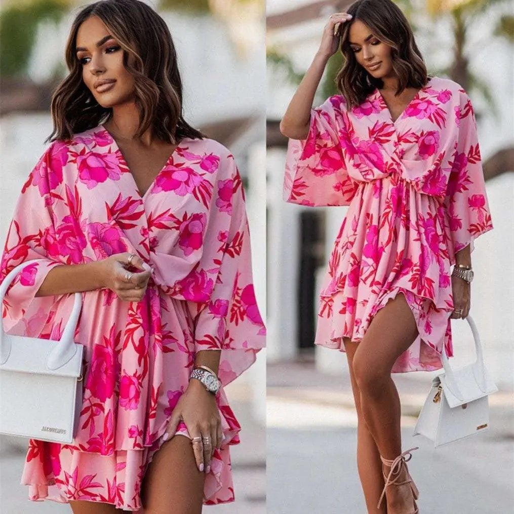 Fashion Print V-Neck Doll Sleeve Loose Cake Dress null