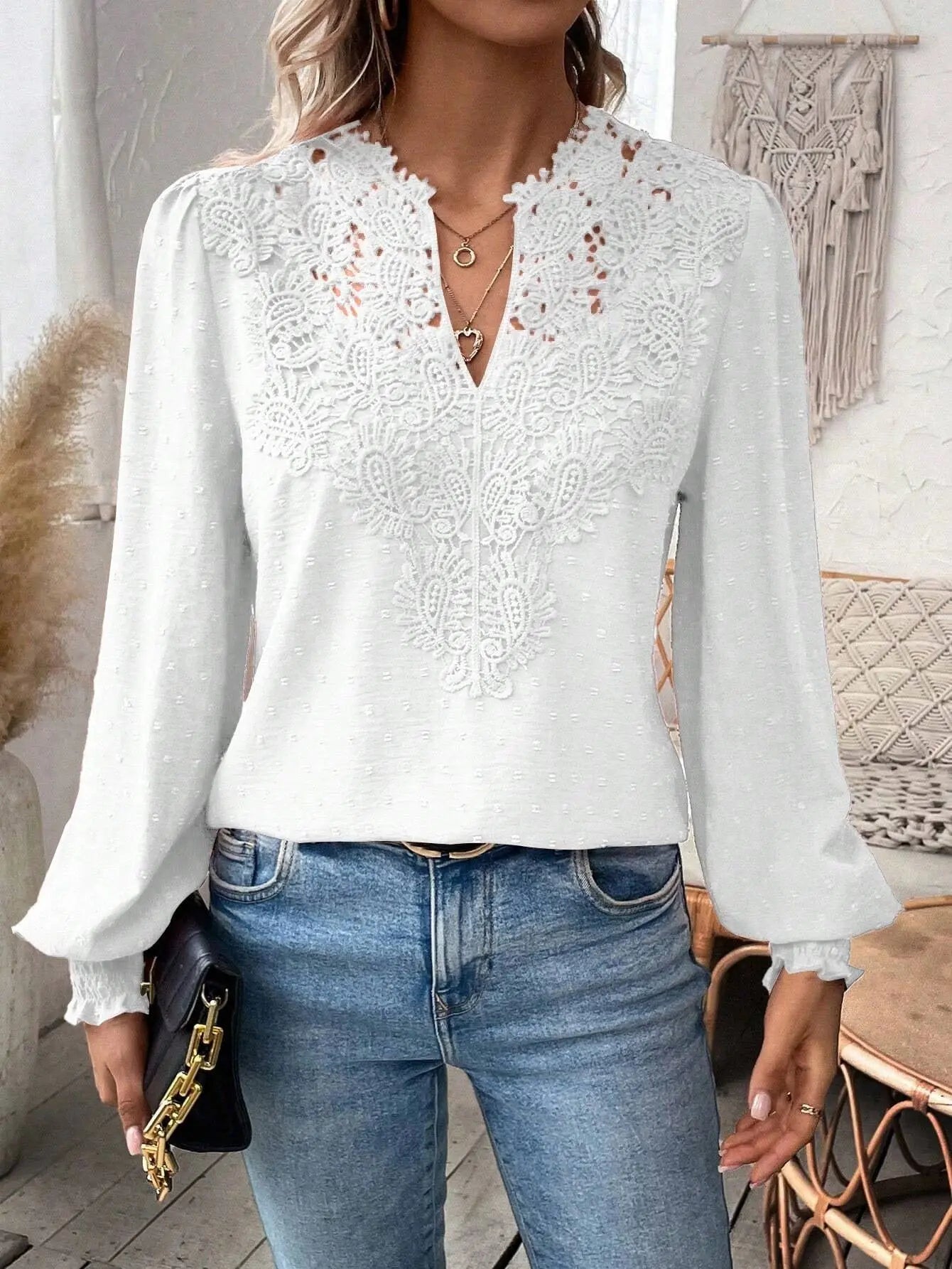Lace Solid Color Long Sleeve Casual Women's Top Nipaaj