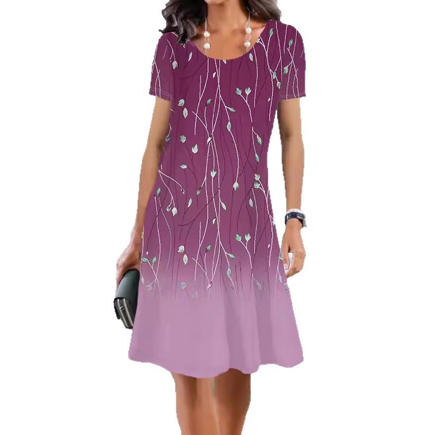 Spring And Summer Print Short Sleeve Round Neck Mid-length Dress