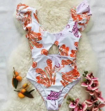 Printed Ruffle One Piece Swimming Costume Women Chiffon Maxi Dress null