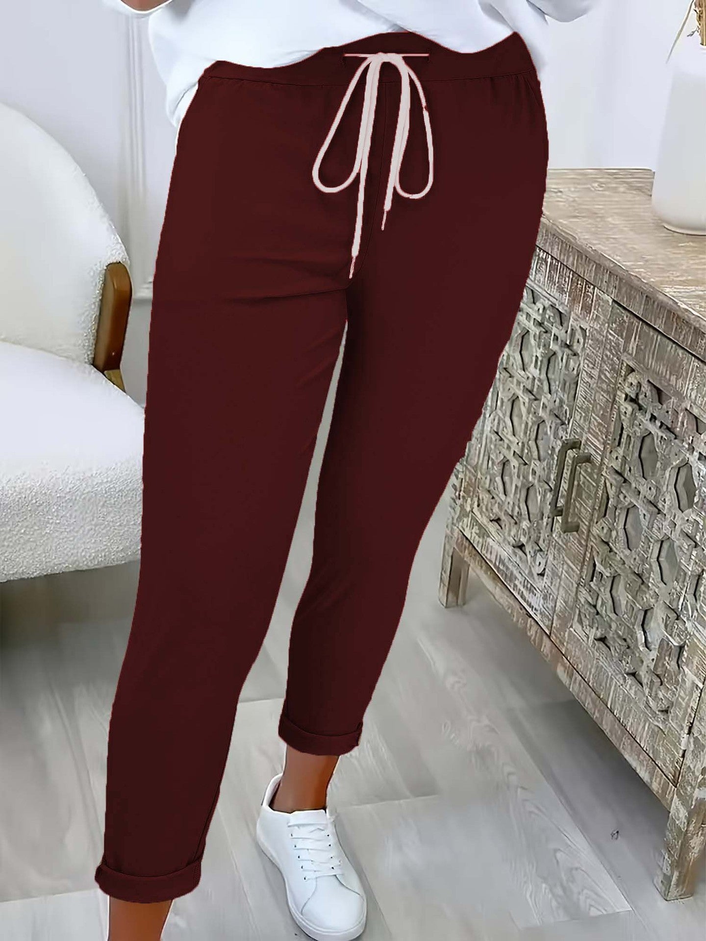 Women's Solid Color Versatile Casual Trousers With Belt And Slim Cuffs