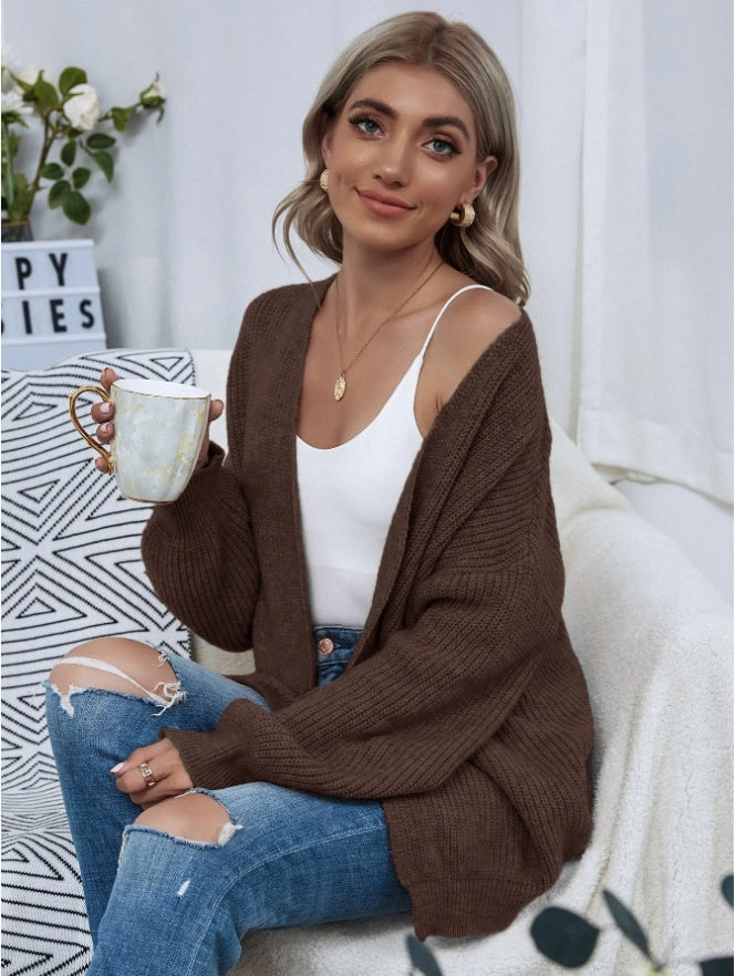 Open Front Drop Shoulder Solid Cardigan,Long Sleeve Tops null