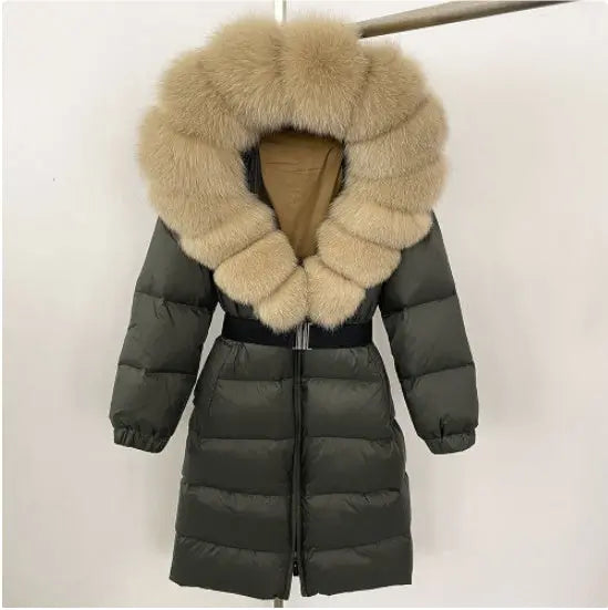 Women's Long Cinched Hoodie Real Fox Fur Collar Coat null