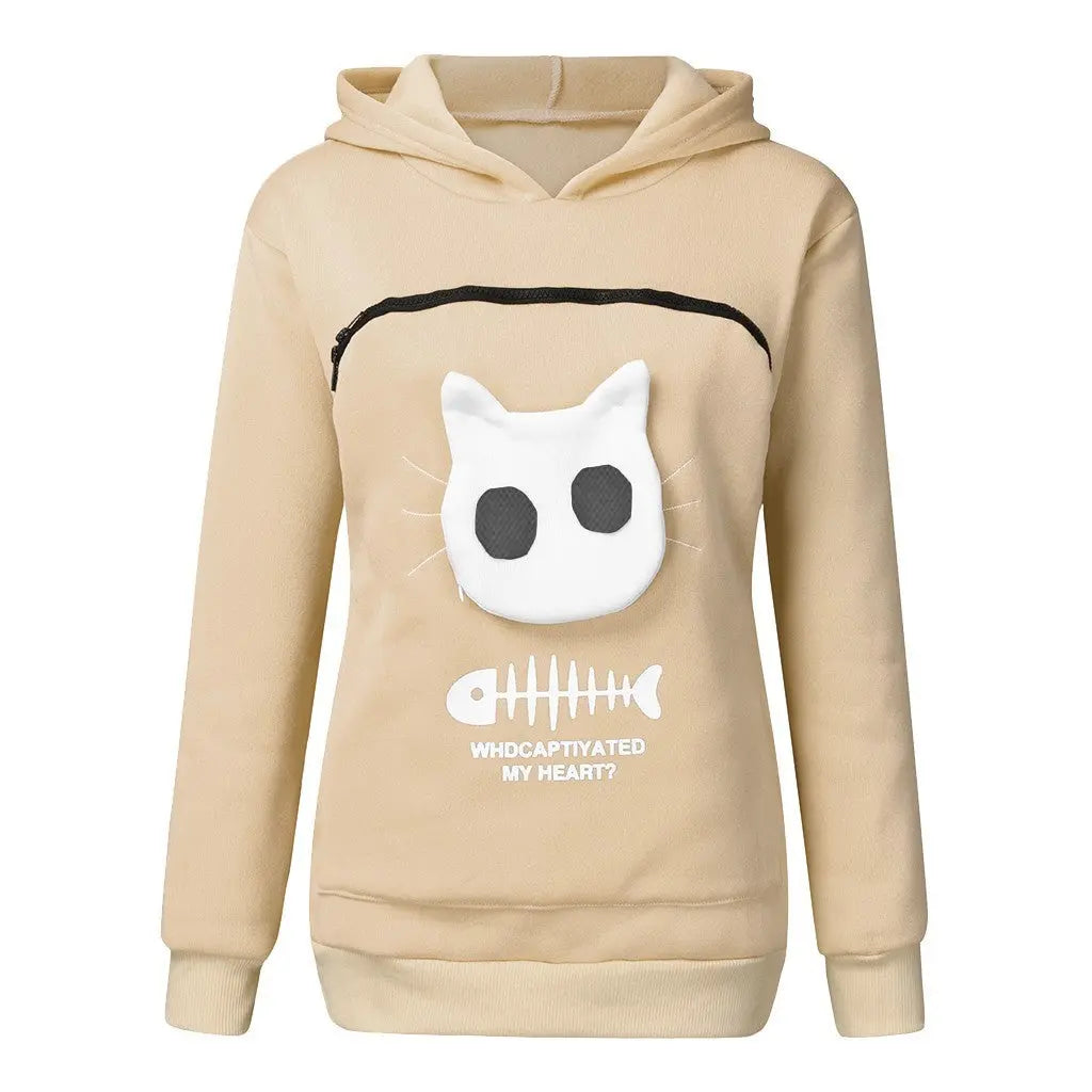 Women Hoodie Sweatshirt With Cat Pet Pocket Design Long Sleeve Sweater Cat Outfit Nipaaj