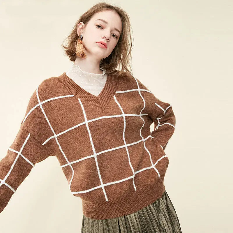 Spring new pattern check V-neck short sweater women Nipaaj