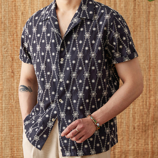 Holiday Pure Cotton Embroidery Cuban Collar Loose Shirt