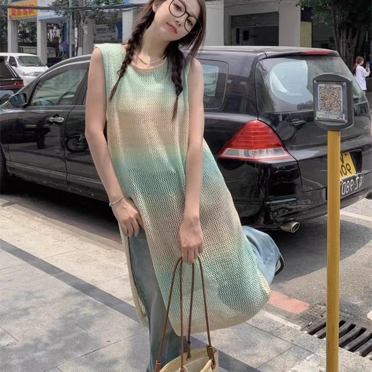 Gradient Mid-length Sleeveless Split Vest Slim Fit Vest Dress