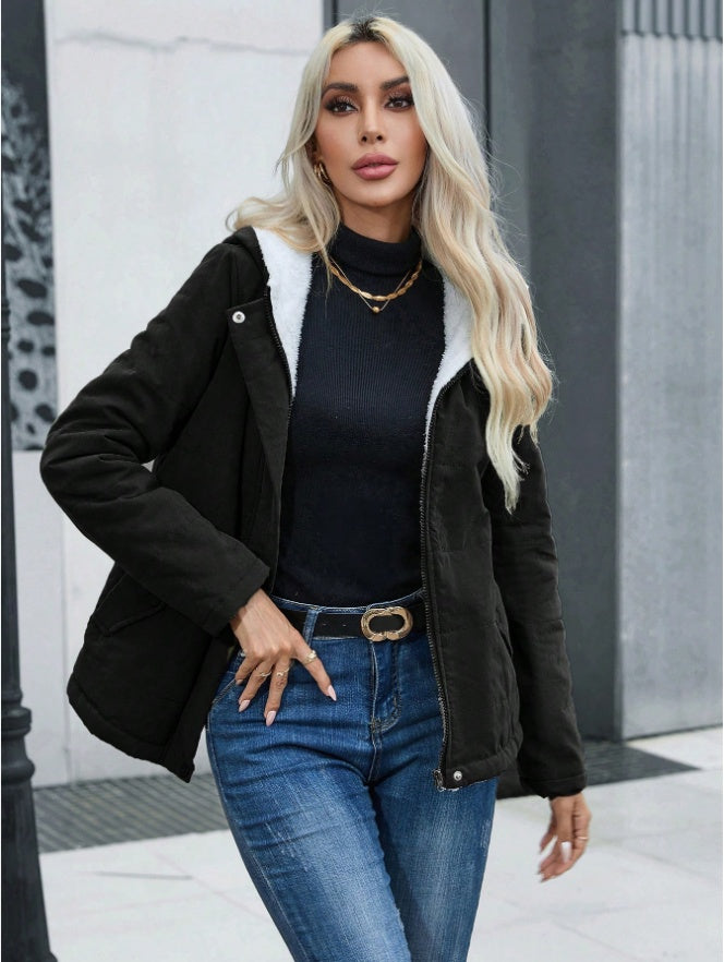 Women's Plain Zipper Front Hooded Fleece Casual Padded Padded Coat null